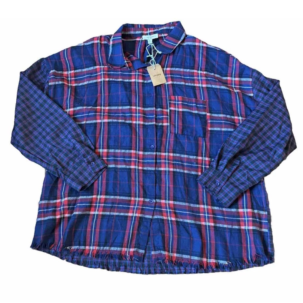 UMGEE Womens Plus 2XL Button Down Plaid Shirt With Fringe Frayed Hem Red Blue